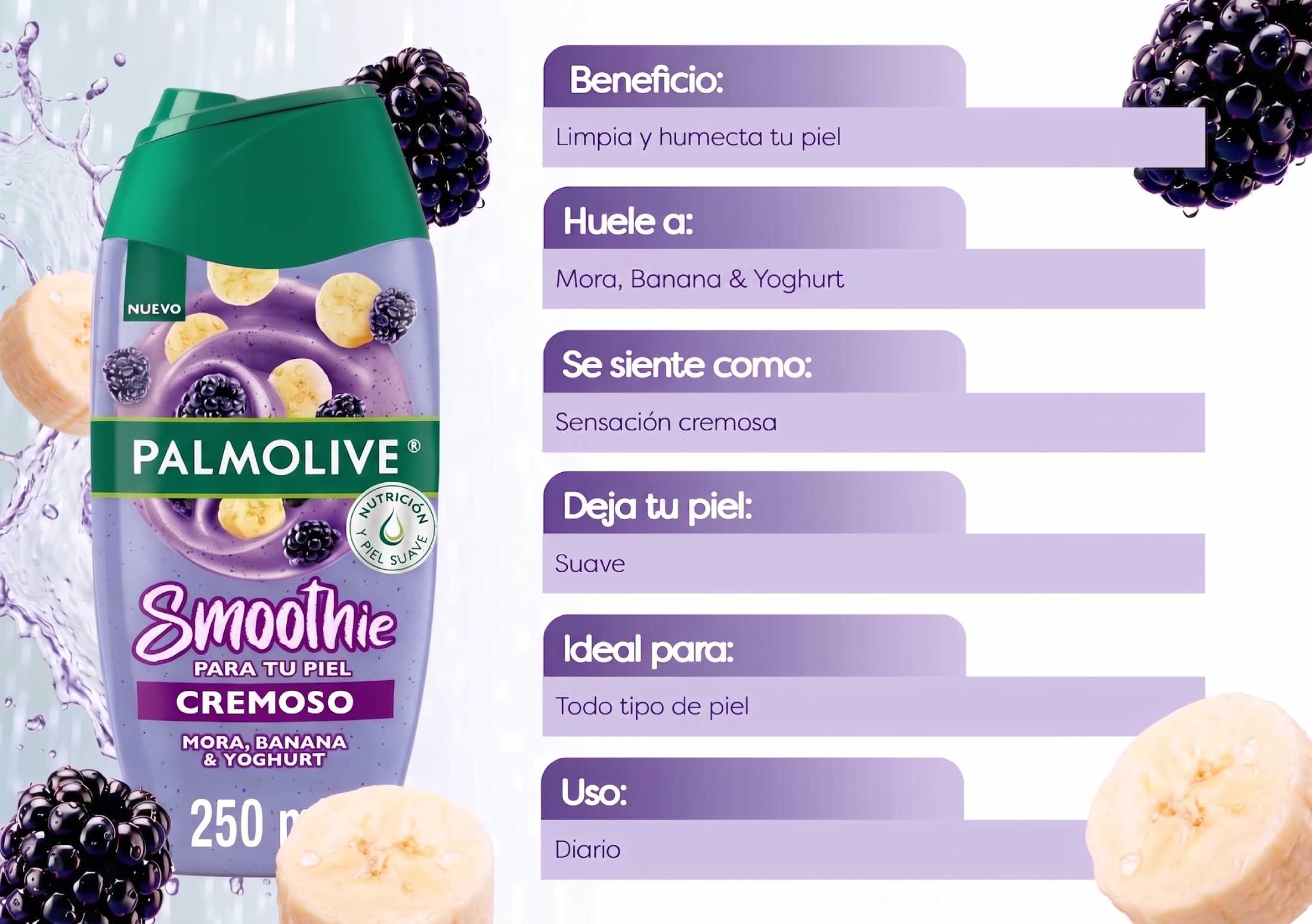 Tabla con beneficios de jabón líquido Palmolive Smoothie Mora, Banana y Yoghurt. Limpia, hidrata y deja la piel suave.